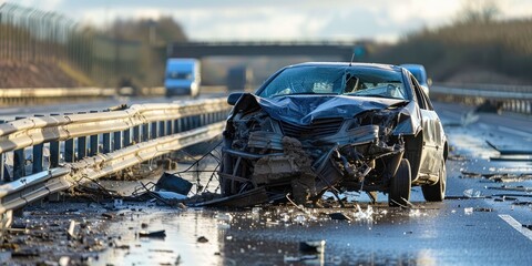 A car very badly damaged after an accident on a motorway