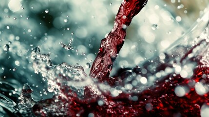 a close up of a red liquid pouring out of a faucet into a body of water with a blurry background. - obrazy, fototapety, plakaty