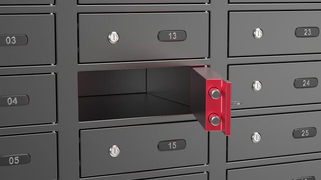 Opening the unique red safety deposit box, empty inside
