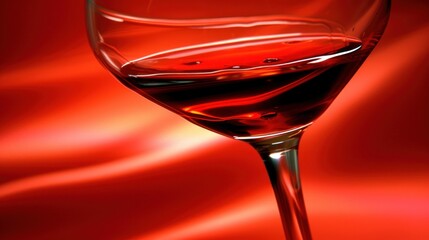 a close up of a wine glass with a liquid inside of it on a red background with a wavy pattern.