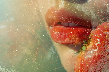 Fototapeta premium A close-up of a person's lips merged with the texture of a ripe strawberry in a double exposure