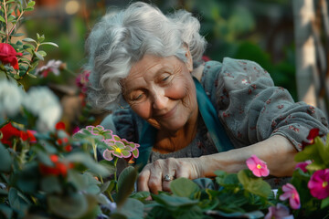Close-up of elderly joyful woman working at the garden with flowers.