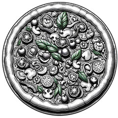Pizza vector illustration. Hand drawn pizza with tomatoes, olives, mozzarella cheese and basil.