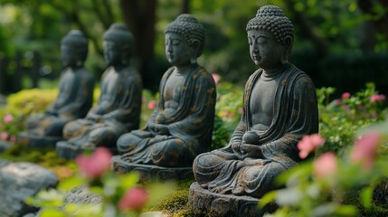 Buddha statue in japanese garden, selective focus.