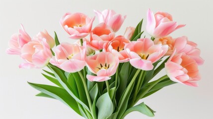 a vase filled with pink tulips on top of a white table next to a green leafy plant.