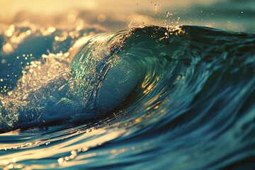 Ocean blue waves glittering on the sea level, wet foam on the top. AI illustration. - obrazy, fototapety, plakaty