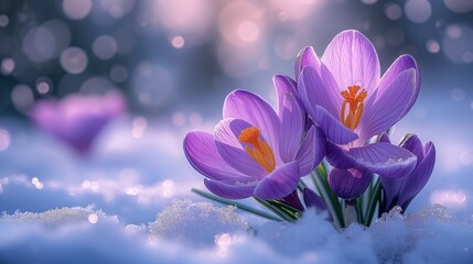 Beautiful crocus flowers in the snow with the sun in the background