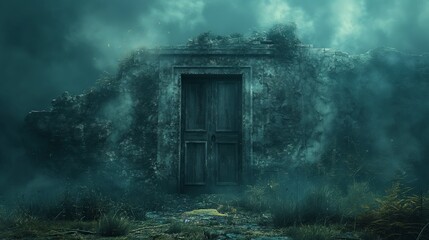 Gothic door in the forest. Halloween concept.