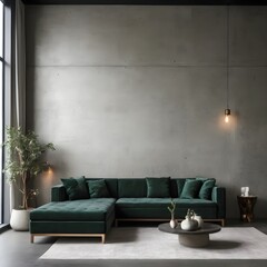 Modern living room interior design in a loft style, with a dark green velvet corner sofa next to a concrete wall adorned with stone accents.