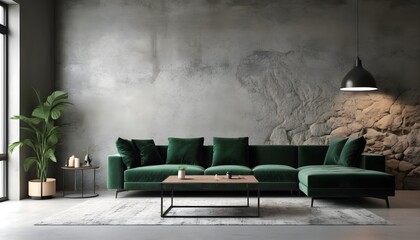 Modern living room interior design in a loft style, with a dark green velvet corner sofa next to a concrete wall adorned with stone accents. - obrazy, fototapety, plakaty