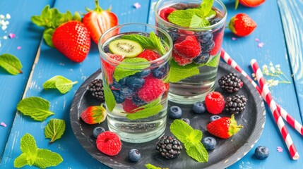 berries, kiwis, raspberries, and mint water on a plate with strawberries and mints.