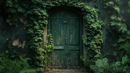 Green door with ivy in the garden - obrazy, fototapety, plakaty