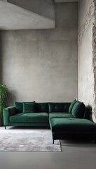Modern living room interior design in a loft style, with a dark green velvet corner sofa next to a concrete wall adorned with stone accents.