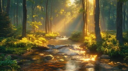 Morning in the forest with fog and sunbeams on the water