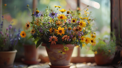 Um buquê vibrante em uma loja de flores iluminado por luz natural e convidando para um momento acolhedor