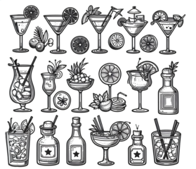 Cocktails doodle icons set. Hand drawn vector illustration