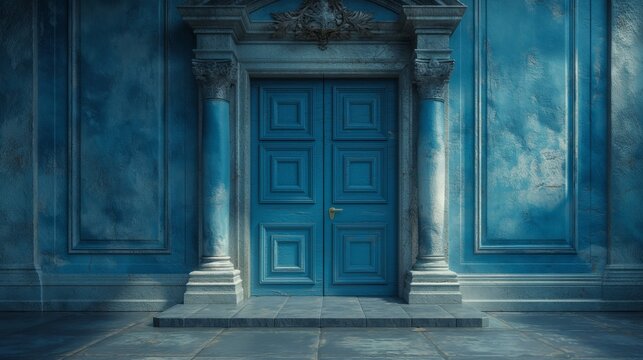 Classic interior with blue walls, columns and doors