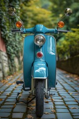 a blue scooter on a brick path