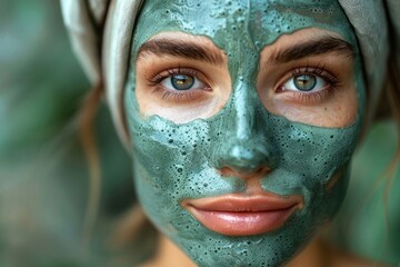 Close-up portrait of a woman with a DIY matcha face mask applied, highlighting her eyes and the detailed texture of the skincare treatment on her skin.