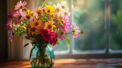 Um buquê vibrante em uma loja de flores iluminado por luz natural e convidando para um momento acolhedor