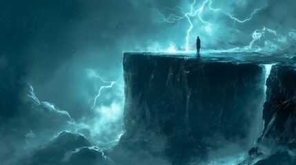 Fantasy landscape with man standing on the edge of a cliff - obrazy, fototapety, plakaty