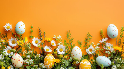 Easter eggs and flowers decor banner on orange background with copyspace - obrazy, fototapety, plakaty