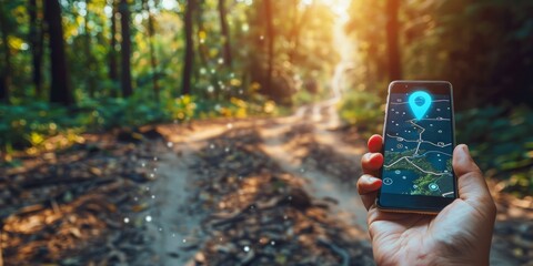  Navigating a Forest Trail with GPS on a Smartphone, Merging Technology with the Spirit of Adventure, Generative AI