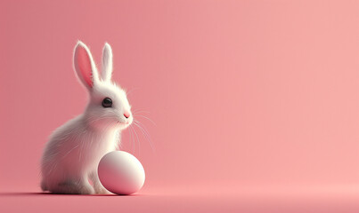 White Rabbit with Easter Egg on Pink Background
