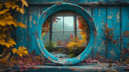 Mirror on the stone in the autumn forest. Vintage style