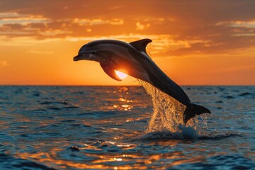Obraz premium a dolphin leaping out of the ocean at sunset.