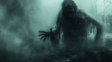 Scary ghost in the dark forest with fog. Halloween concept