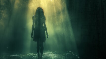 Horror scene of ghost woman in dark forest at night. Halloween concept