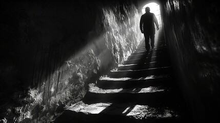 Silhouette of a man walking up the stairs in a dark underground tunnel - obrazy, fototapety, plakaty