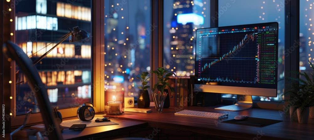 Poster a workstation with a forex chart on the monitor and a view of the city at night. concept of business
