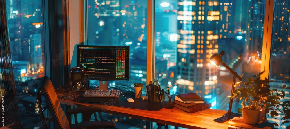Poster a workstation with a forex chart on the monitor and a view of the city at night. concept of business