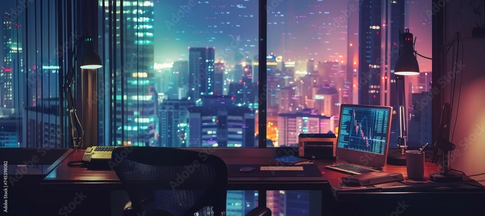 Poster a workstation with a forex chart on the monitor and a view of the city at night. concept of business