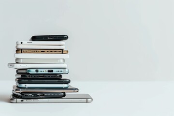 A pile of different smartphones isolated on a white background. - obrazy, fototapety, plakaty