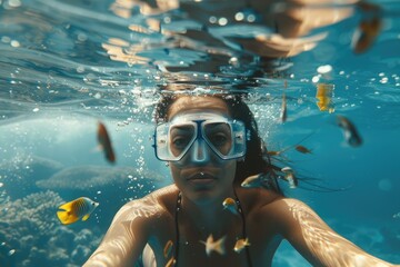 Woman in snorkeling mask dive underwater, see tropical fishes in coral reef sea. Travel adventure