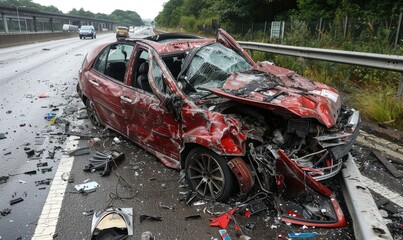 A car very badly damaged after an accident on a motorway