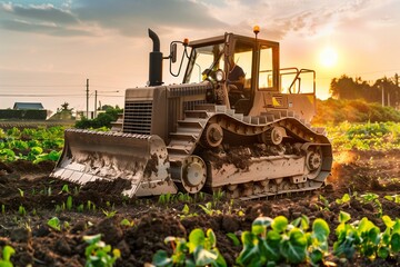 An eco-friendly bulldozer operating in a field, powered by clean energy, preparing the land for a community garden on Earth Day.