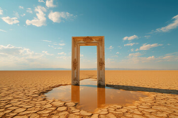 A closed, shabby old door with a puddle in the middle of a dry desert. Generated by artificial intelligence