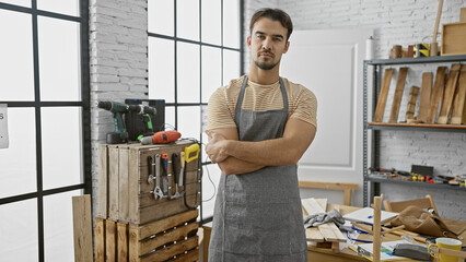 Confident young hispanic man in apron stands in well-equipped carpentry workshop, arms crossed.