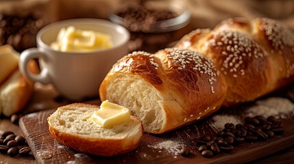 Morning breakfast with bun and butter. Background concept - obrazy, fototapety, plakaty
