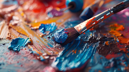 Fototapeta premium An abstract composition of vibrant acrylic paints and artist brushes on a clean tabletop