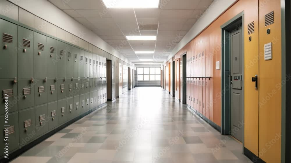 Sticker Row of lockers in a school corridor. 3d render. An empty high school corridor interior view with lockers , AI Generated