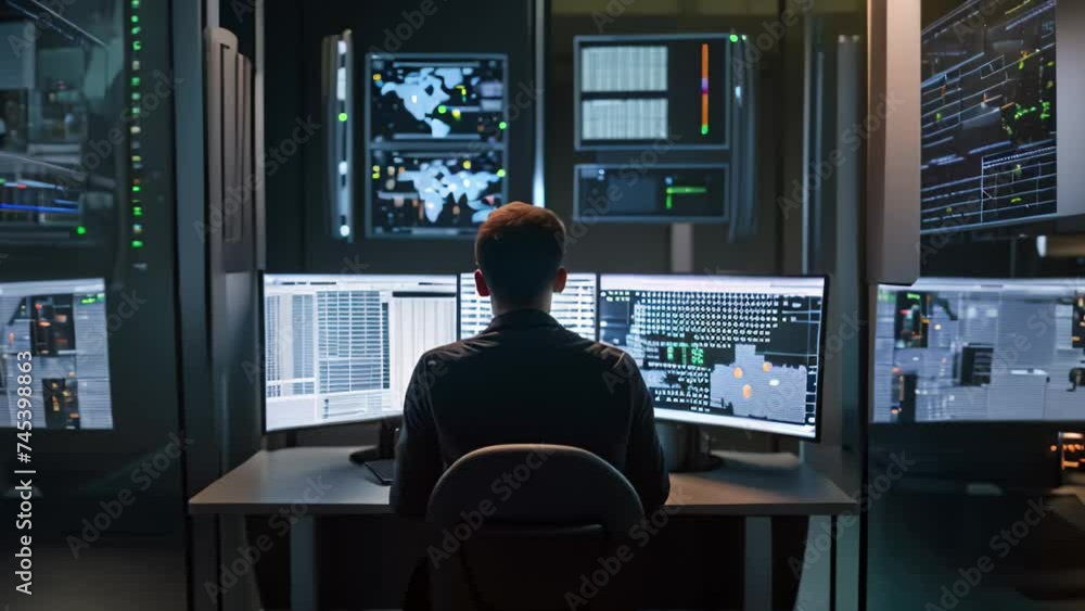 Poster rear view of a man sitting in front of computer monitors in server room, an it specialist rear view 