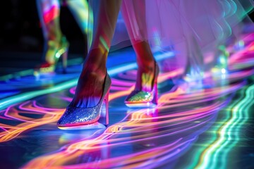 Close-up of sparkling high heels on a vividly lit, colorful LED dance floor with light trails.