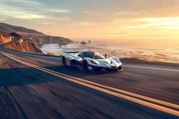 Fototapeta na wymiar An ultra-lightweight supercar made from recycled materials, racing along a coastal road with the ocean as its backdrop, in honor of Earth Day.