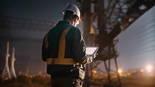 Engineer or Technician using digital tablet computer on construction site at night,with a circuit board and various electronic components