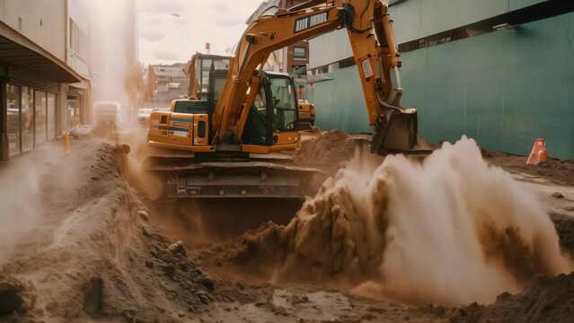 Excavator working on a construction site. Heavy duty construction equipment at work. An excavator digging a deep pit on an urban road, AI Generated